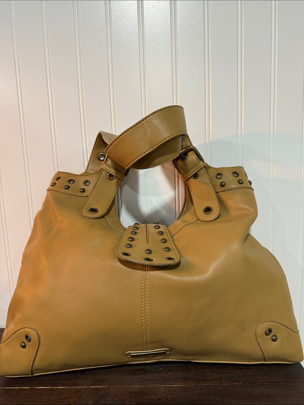 Women's Stud-Accent Leather Hobo Bag in tan